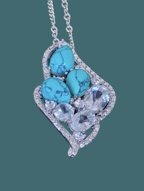 Natural Blue Turquoise, White Topaz & Cz 925 Sterling‎ Silver Necklace.